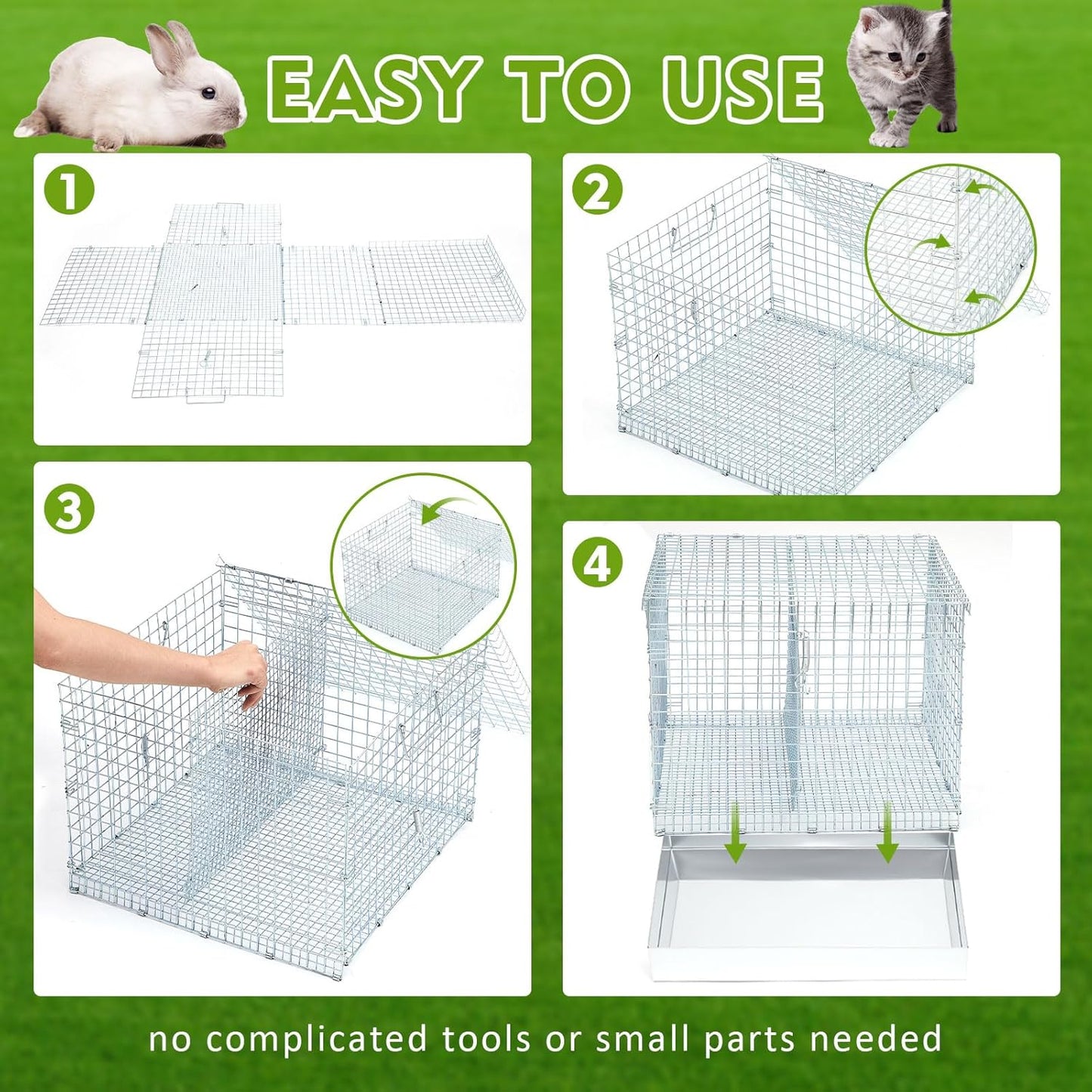 DoubleFill 2 Hole Foldable Rabbit Transport Cage, 18 x 18 x 14 in Portable Metal Bunny Carrier with Tray & Handles for Travel Temporary, Small Animal Cage for Guinea Pigs Hamster Indoor Outdoor - Image 4