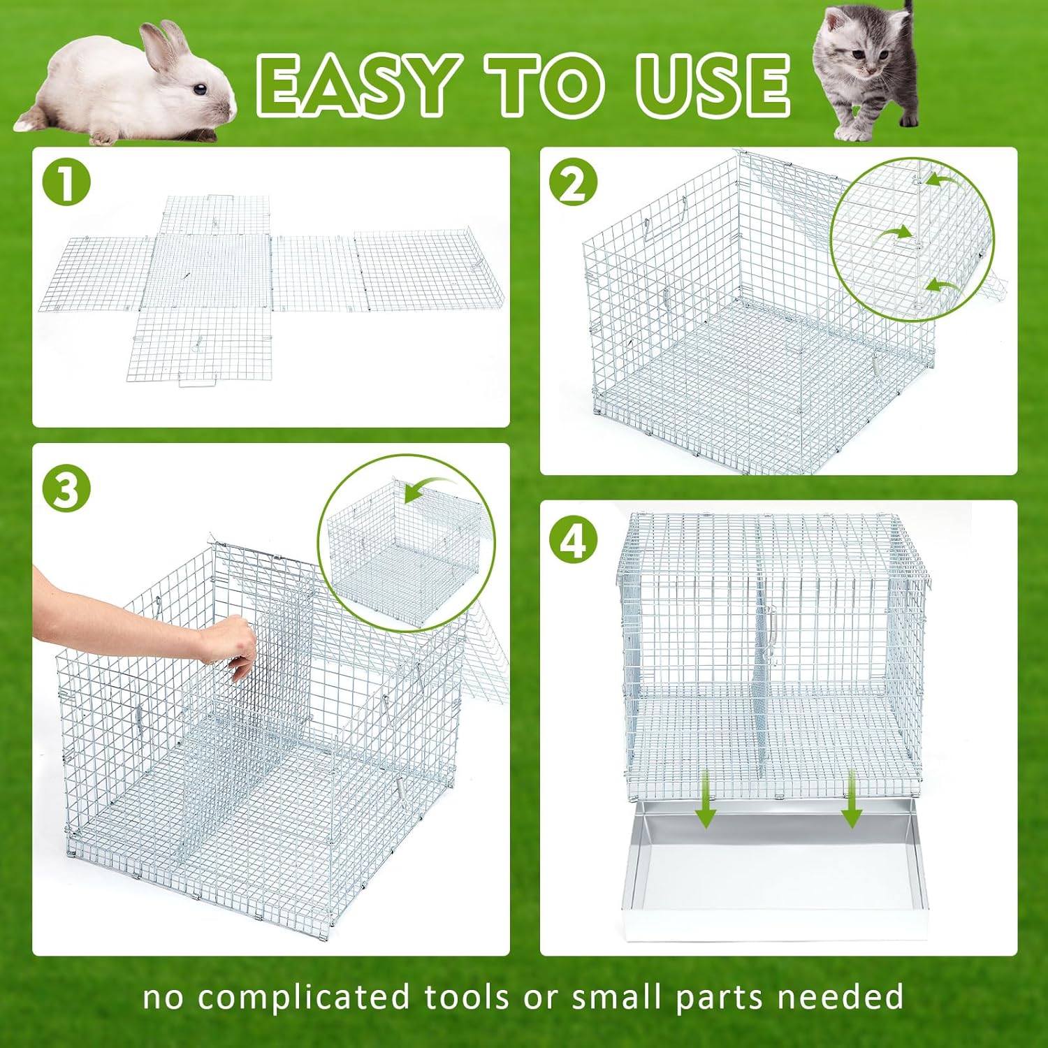 DoubleFill 2 Hole Foldable Rabbit Transport Cage, 18 x 18 x 14 in Portable Metal Bunny Carrier with Tray & Handles for Travel Temporary, Small Animal Cage for Guinea Pigs Hamster Indoor Outdoor - Image 4