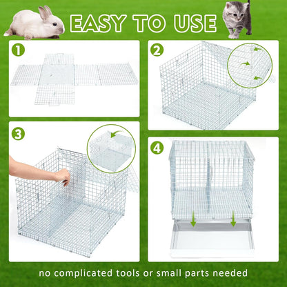 DoubleFill 2 Hole Foldable Rabbit Transport Cage, 18 x 18 x 14 in Portable Metal Bunny Carrier with Tray & Handles for Travel Temporary, Small Animal Cage for Guinea Pigs Hamster Indoor Outdoor - Image 4
