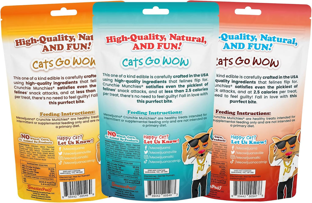 Meowijuana crunchy cat treats with valerian root and protein ingredients.