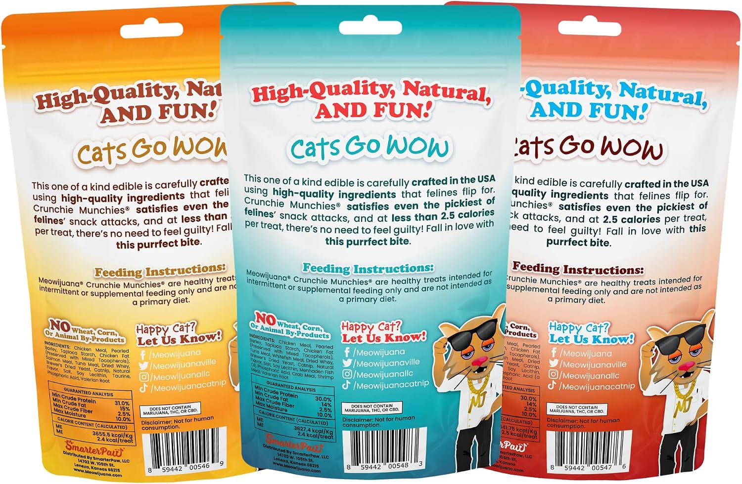 Meowijuana crunchy cat treats with valerian root and protein ingredients.