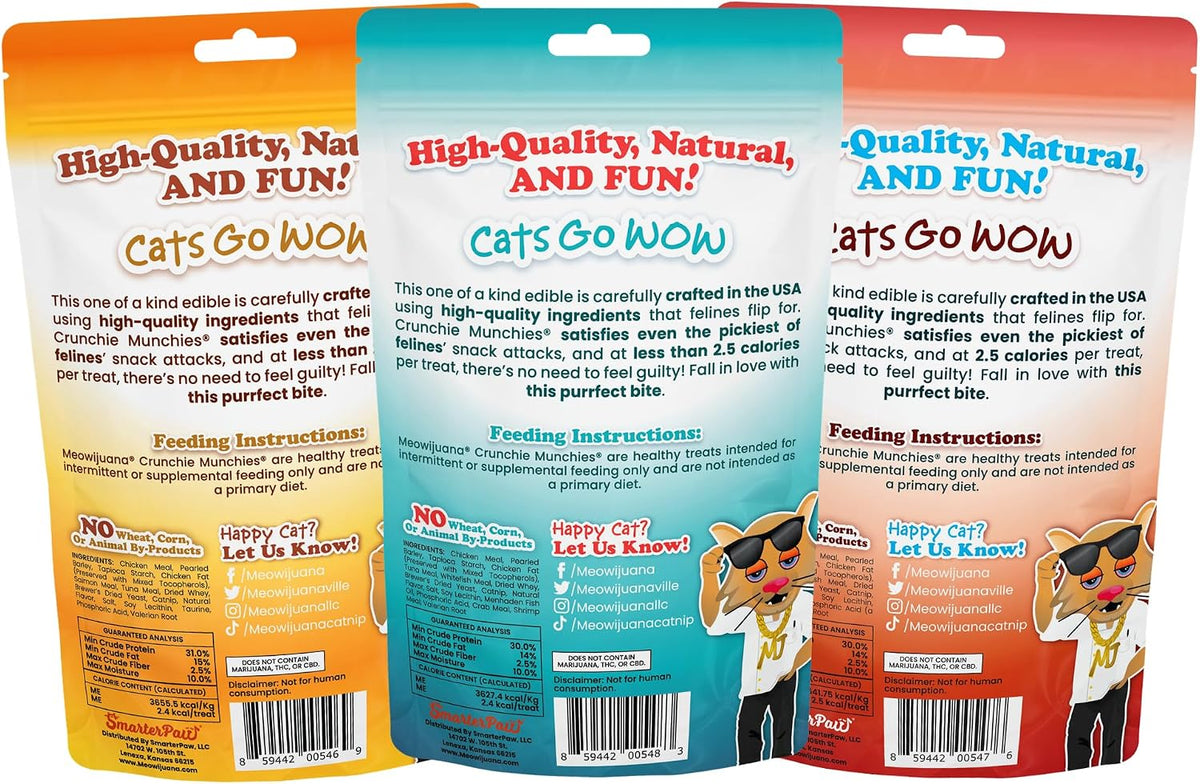Meowijuana crunchy cat treats with valerian root and protein ingredients.