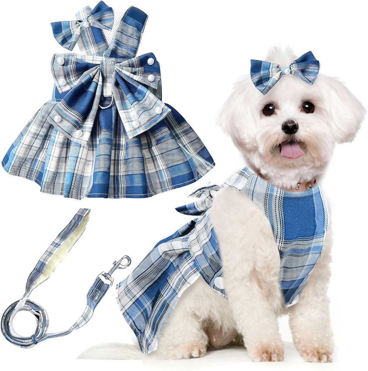 PETCARE Cute Dog Dress Clothes for Small Dogs Cats Girl Female Purple Plaid Bow Tie Dog Harness Dresses Leash Set with Pearls Bow Accessories Birthday Puppy Dress Shih Tzu Yorkies Chihuahua Outfits - Image 12