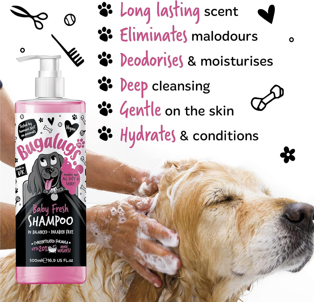 Back label of Bugalugs Baby Fresh Dog Shampoo showing usage instructions