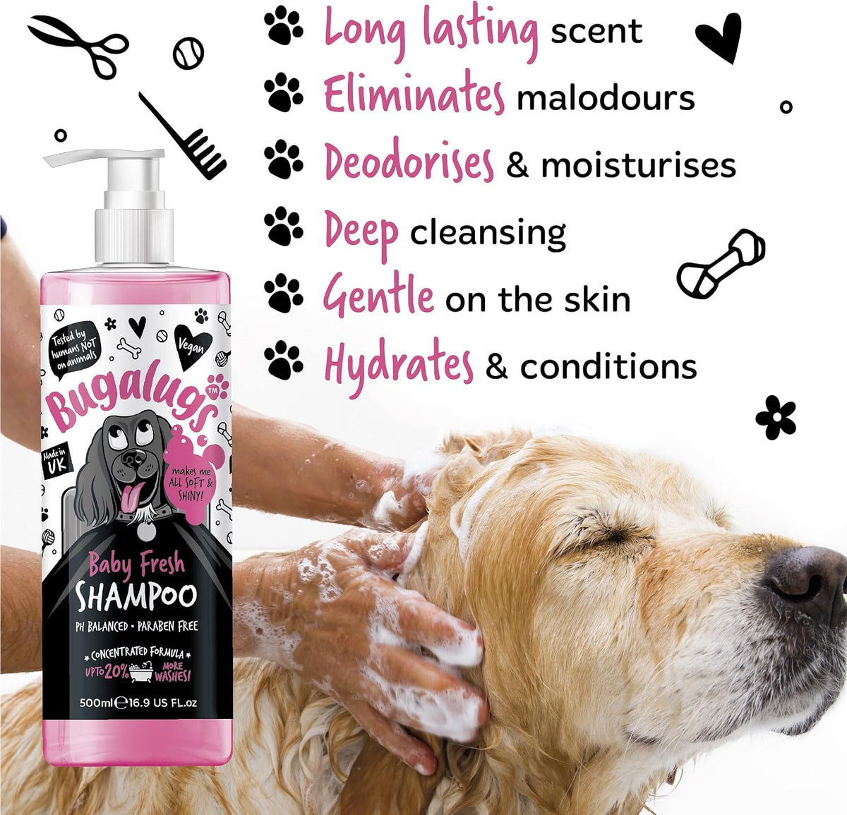 Back label of Bugalugs Baby Fresh Dog Shampoo showing usage instructions