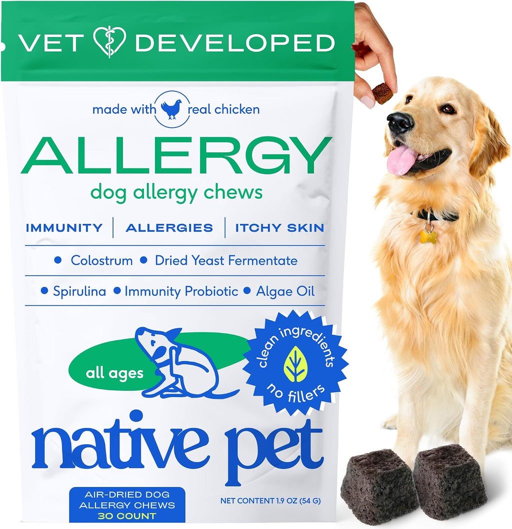Native Pet Dog Allergy Chews packaging front view for canine seasonal allergy relief.