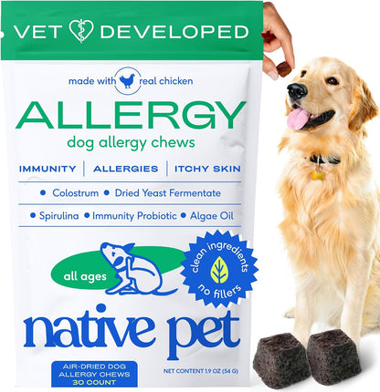 Native Pet Dog Allergy Chews packaging front view for canine seasonal allergy relief.