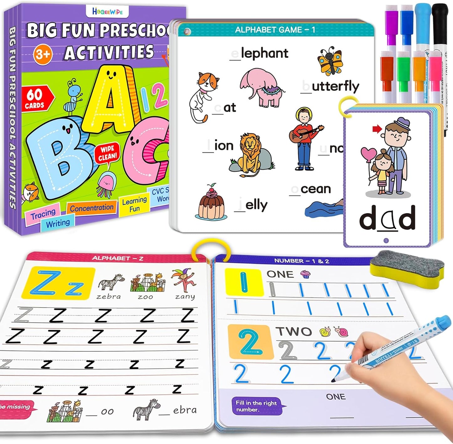 Hoqeewipe Preschool Learning Activities tracing book front view displaying reusable alphabet learning cards for toddlers.