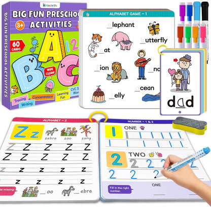 Hoqeewipe Preschool Learning Activities tracing book front view displaying reusable alphabet learning cards for toddlers.