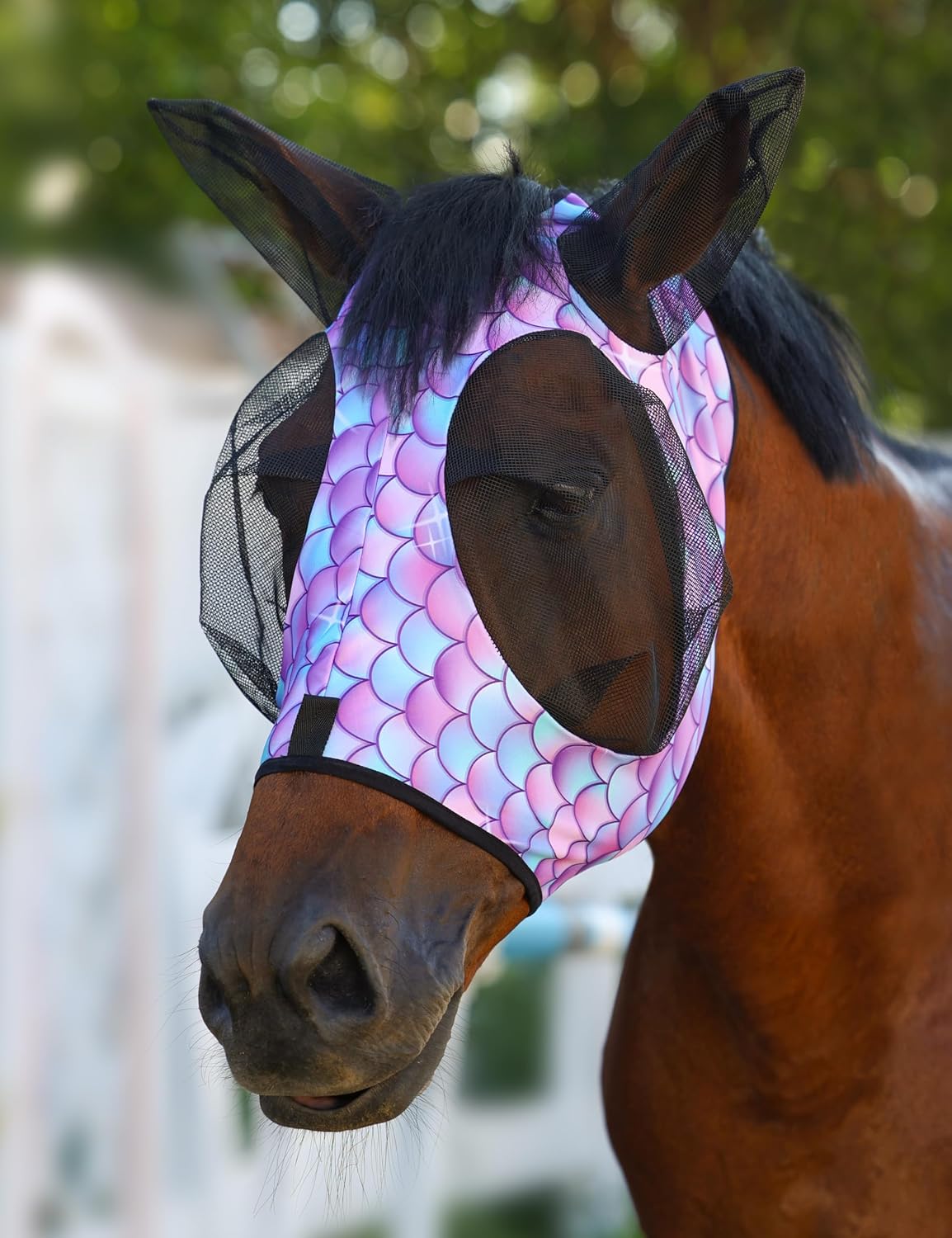 Harrison Howard stretch fly mask with fish scale pattern front view
