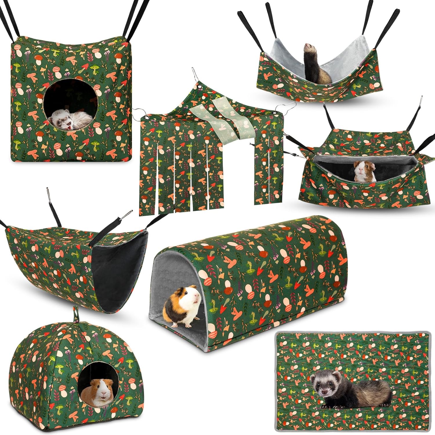 Geelin 8 in 1 Small Animal Hammock Set front view showing all eight green mushroom pattern accessories
