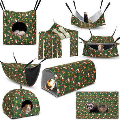 Geelin 8 in 1 Small Animal Hammock Set front view showing all eight green mushroom pattern accessories