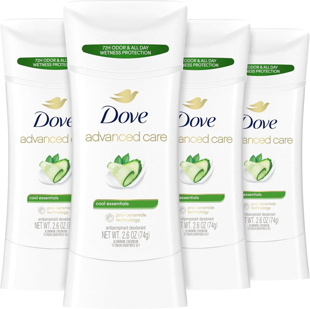 Dove Advanced Care Cool Essentials Antiperspirant Deodorant Stick 4 pack front view showing imported packaging.