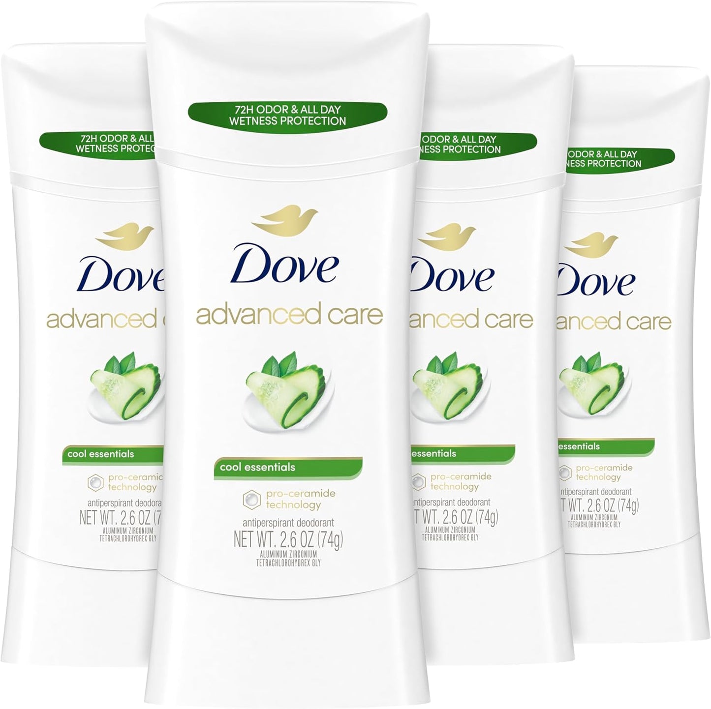 Dove Advanced Care Cool Essentials Antiperspirant Deodorant Stick 4 pack front view showing imported packaging.