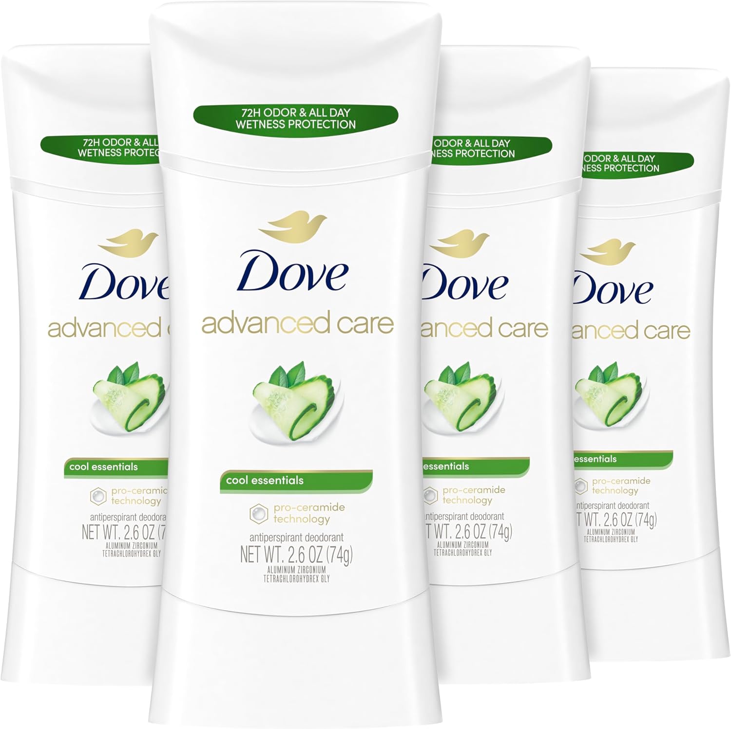 Dove Advanced Care Cool Essentials Antiperspirant Deodorant Stick 4 pack front view showing imported packaging.