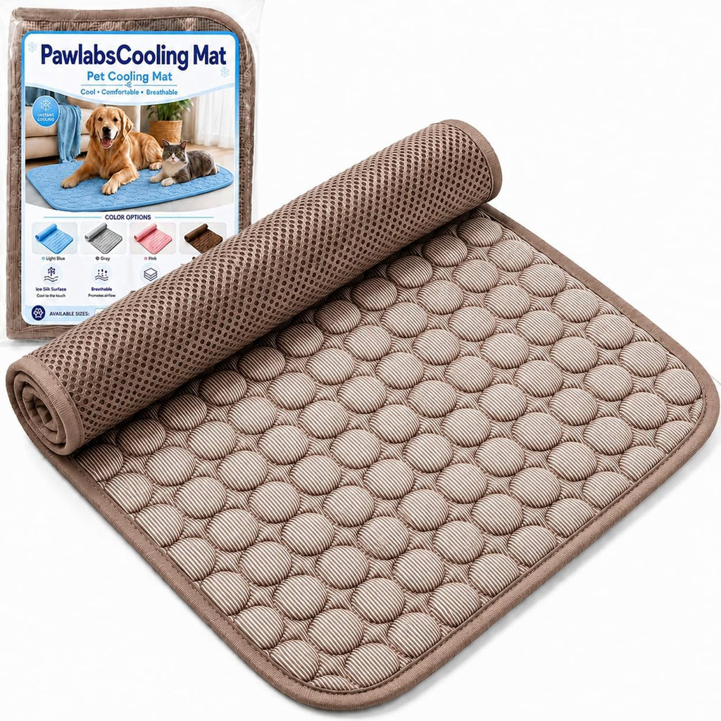 Pawlabs Cooling pet mat for dogs and cats front view showing coffee brown ice silk surface.