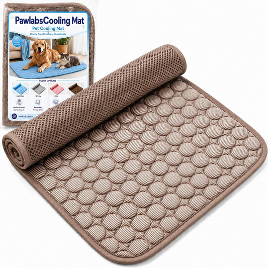 Pawlabs Cooling pet mat for dogs and cats front view showing coffee brown ice silk surface.