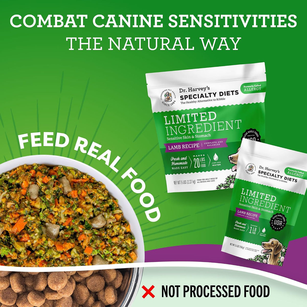 Human-grade ingredient list on Dr. Harvey's dog food packaging