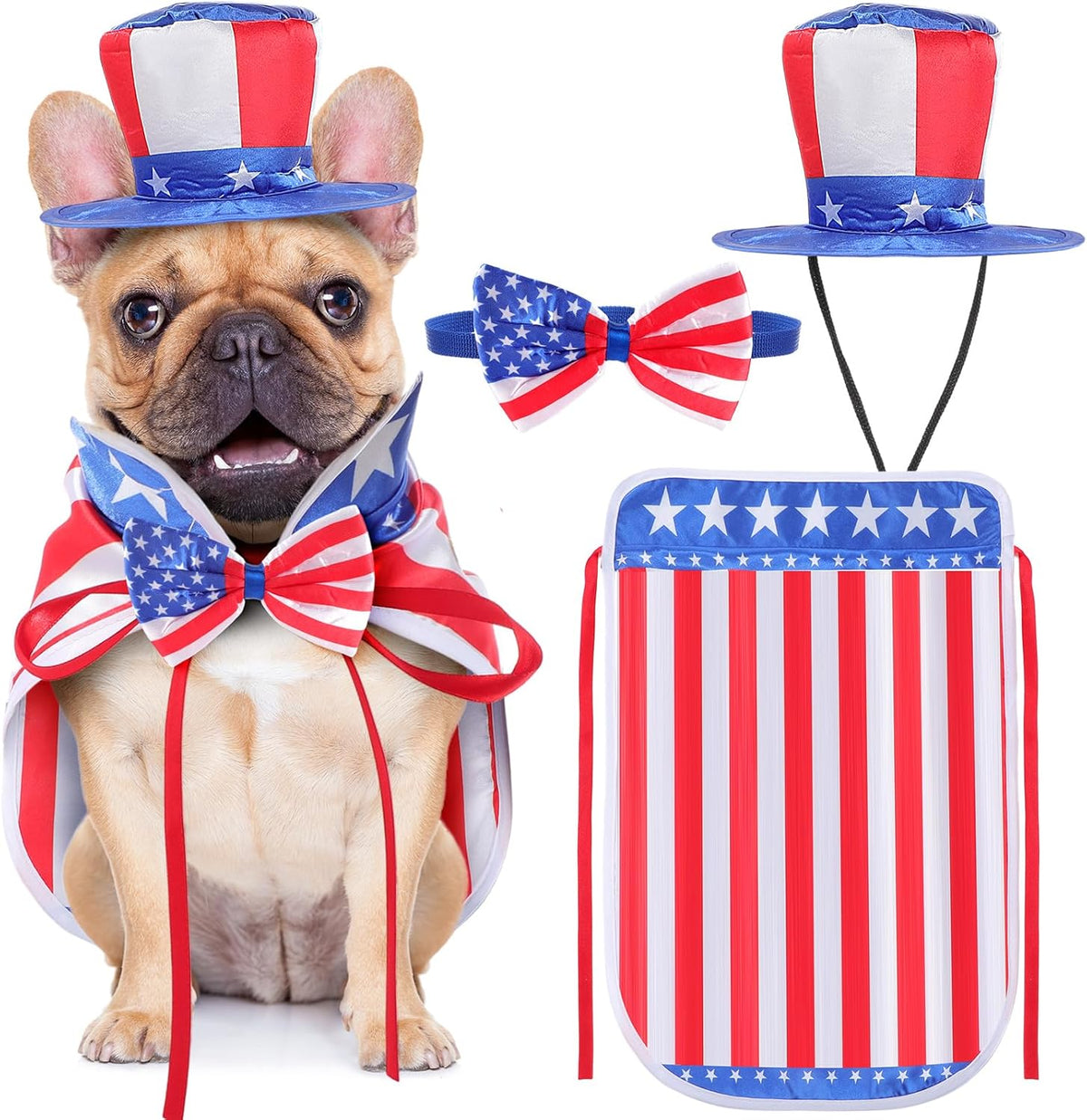 JaGely three piece dog outfit front view featuring patriotic top hat and cape