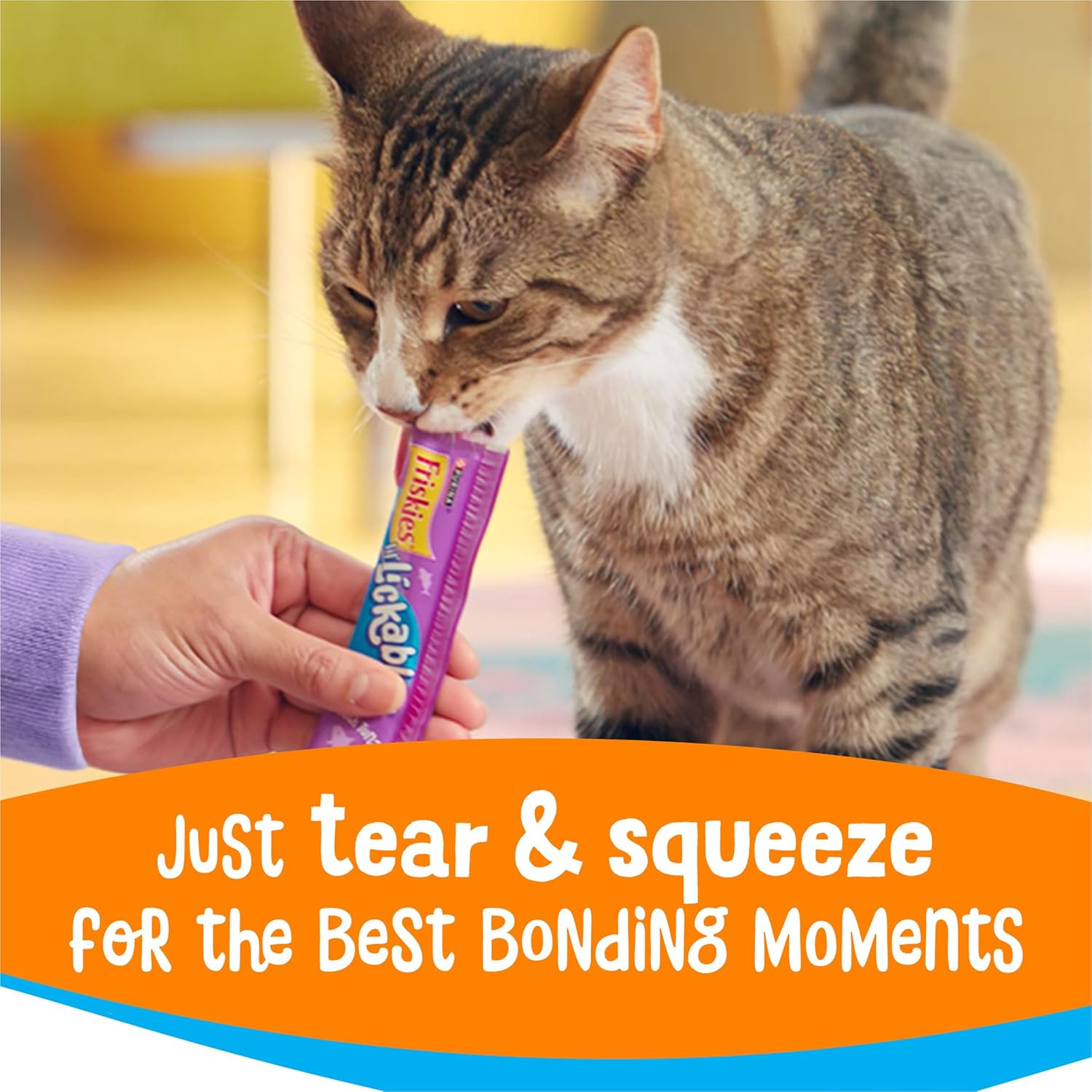 Variety pack of 20 count Friskies Lickables cat treats packaging