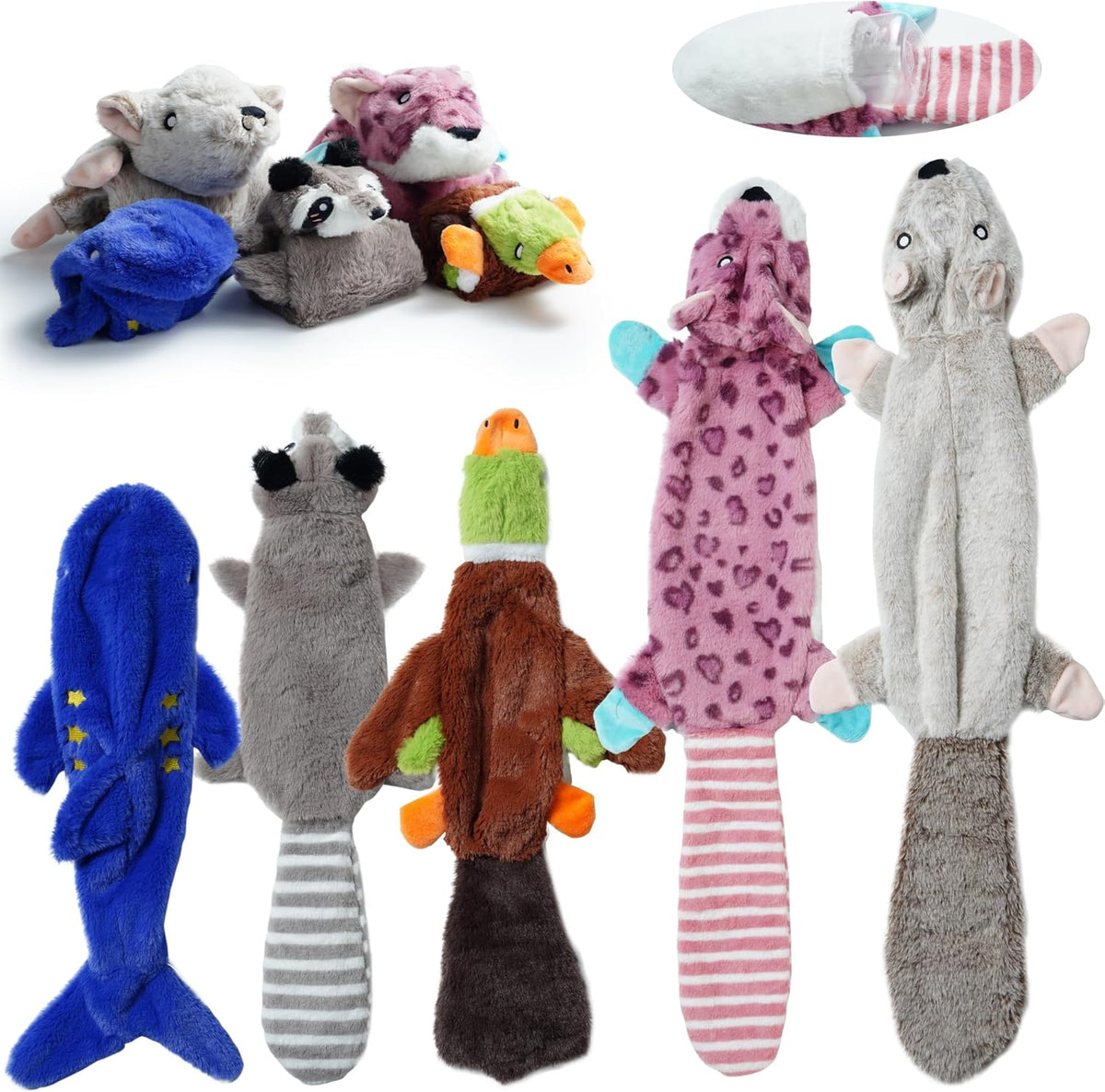 Nocciola animal shape crinkle toys packaged together for small medium large dogs.