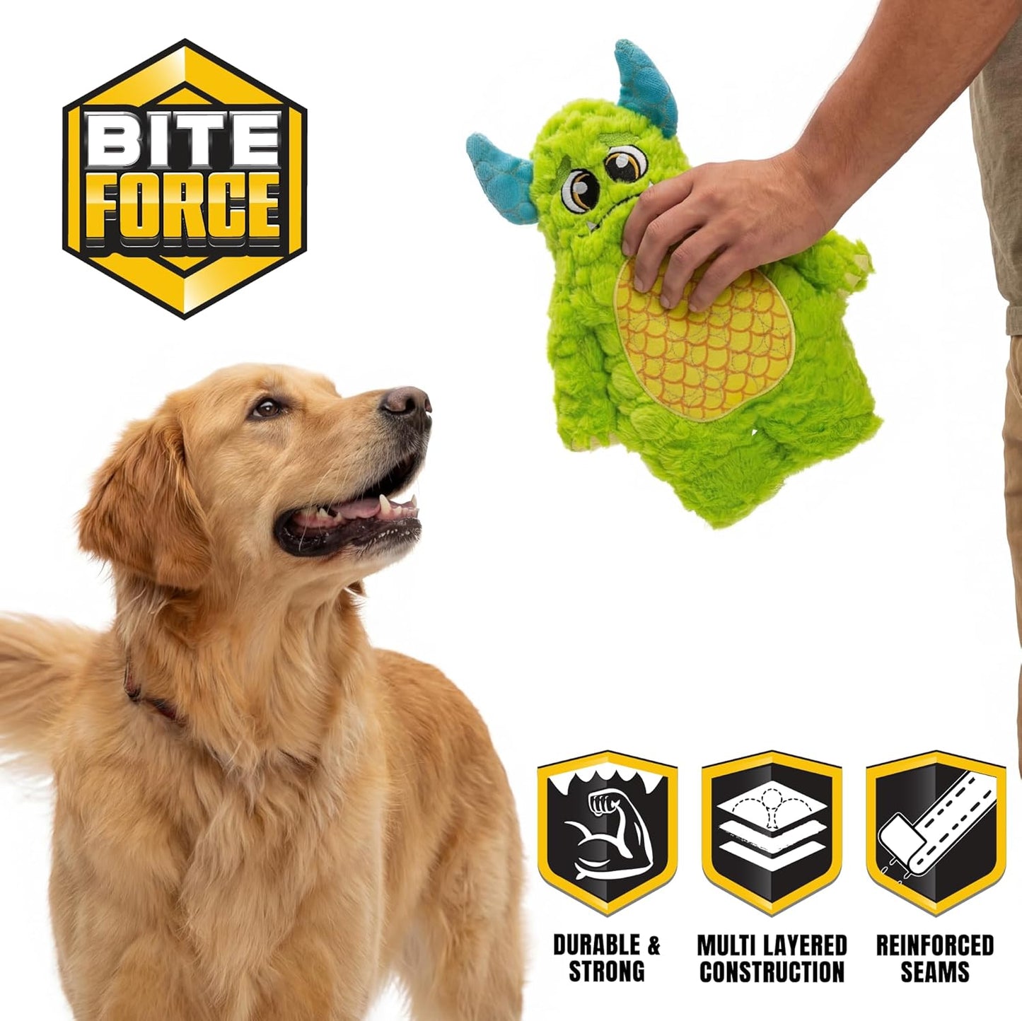 Durable green monster dog toy for aggressive chewers
