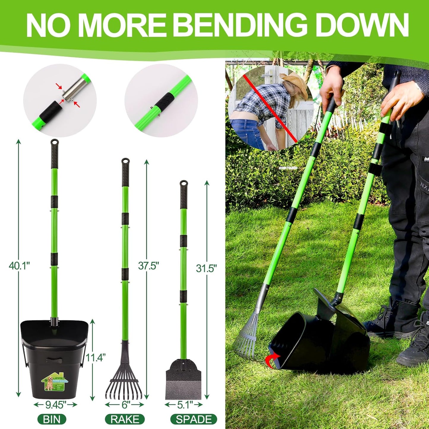 Adjustable three section metal handle of the LANNEY dog poop scooper illustrating no bend yard cleaning.