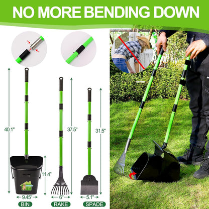 Adjustable three section metal handle of the LANNEY dog poop scooper illustrating no bend yard cleaning.