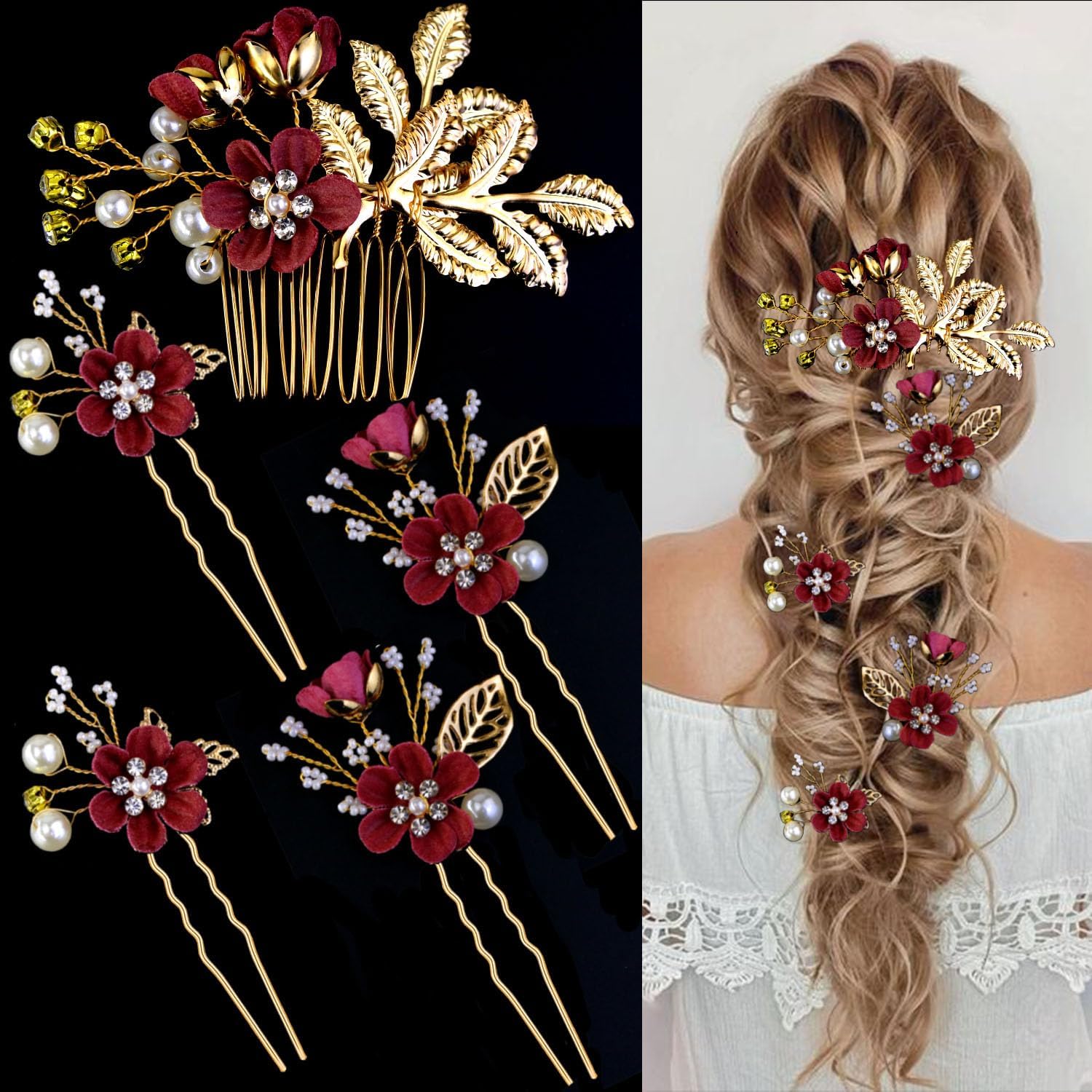 LAPOHI bridal flower wedding hair pins front view elegant gold jewelry
