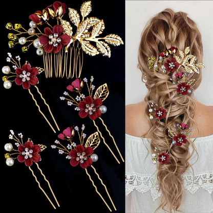 LAPOHI bridal flower wedding hair pins front view elegant gold jewelry