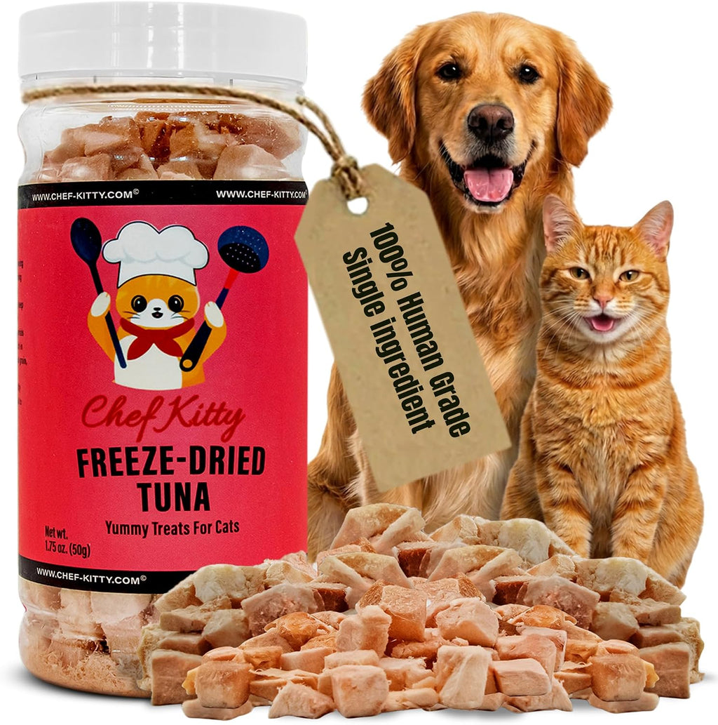 Chef Kitty freeze dried tuna treats front view jar for cats and dogs