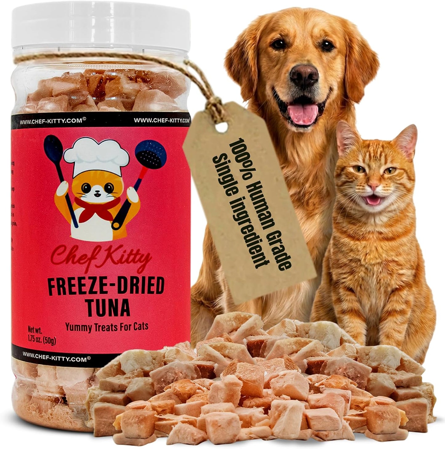 Chef Kitty freeze dried tuna treats front view jar for cats and dogs