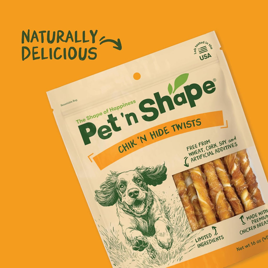 Pet 'n Shape chicken hide twists 1 pound bag showing the resealable pouch top zipper