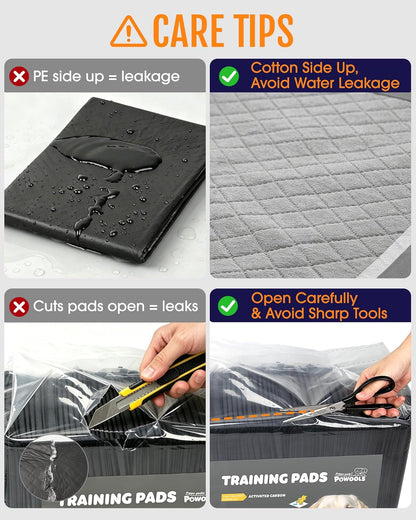 Powools extra large pet training pads laid flat on a hardwood floor.