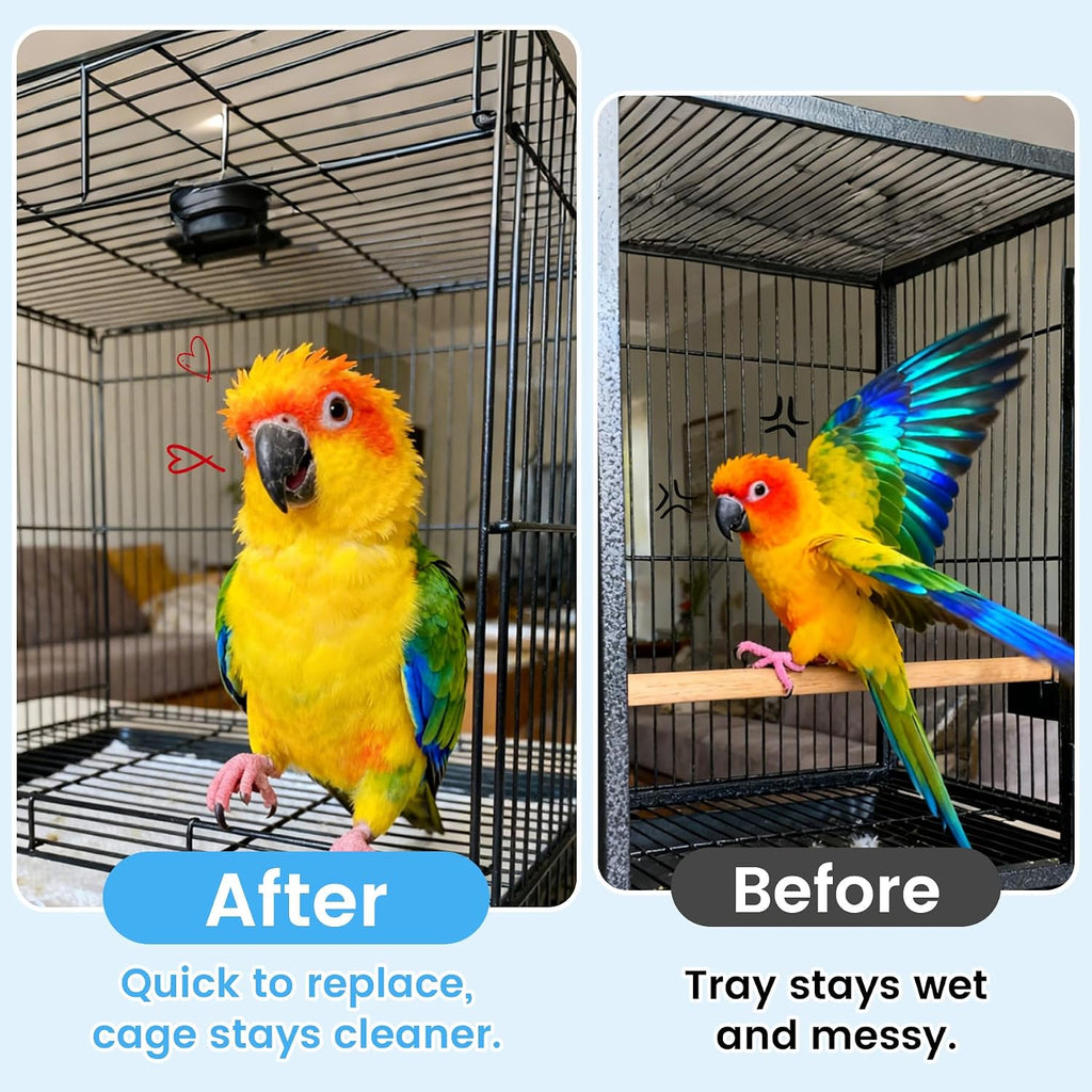 Bird cage tray lined cleanly with a pre-cut white pad
