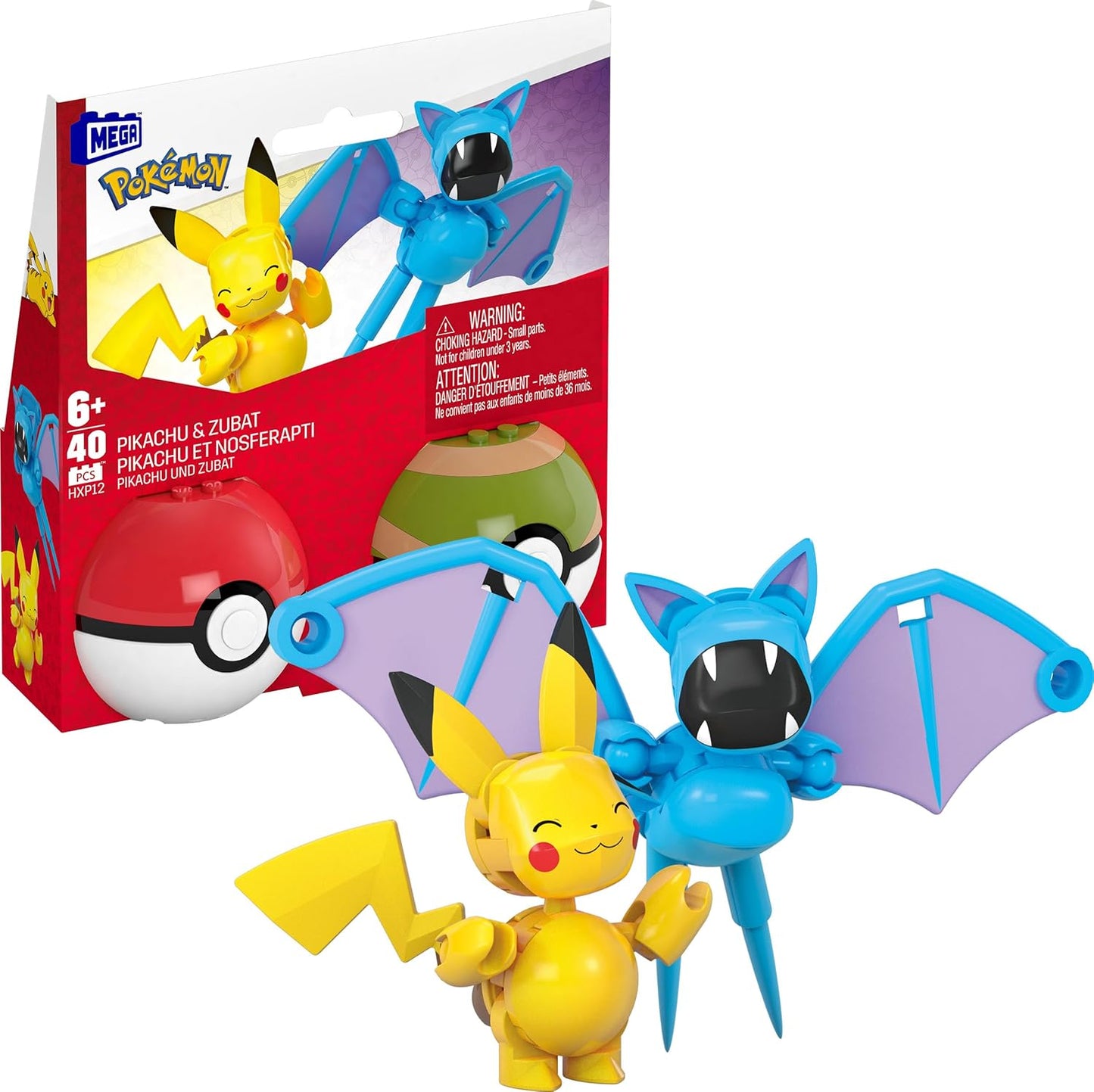 Mega Brands PokÃ©mon Building Toys Set front view featuring Pikachu and Zubat figures with PokÃ© Balls.