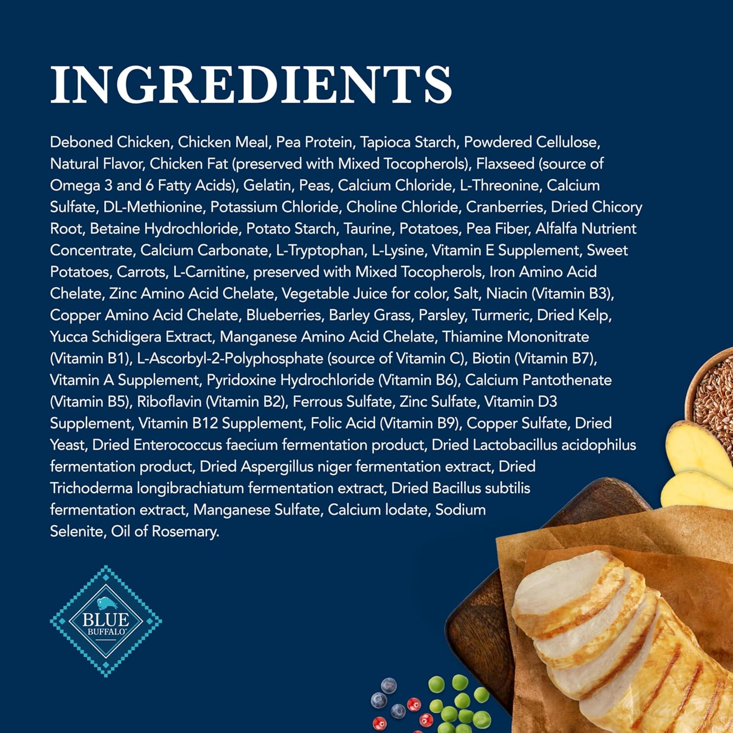 Blue Buffalo natural veterinary diet real chicken formula ingredient panel