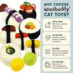 Woolbuddy imported feline dental play set showcasing multiple textured felt sushi designs