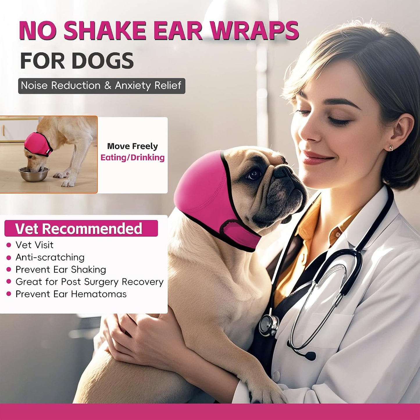 Small pink dog snood headband protecting ears during bath time blow drying