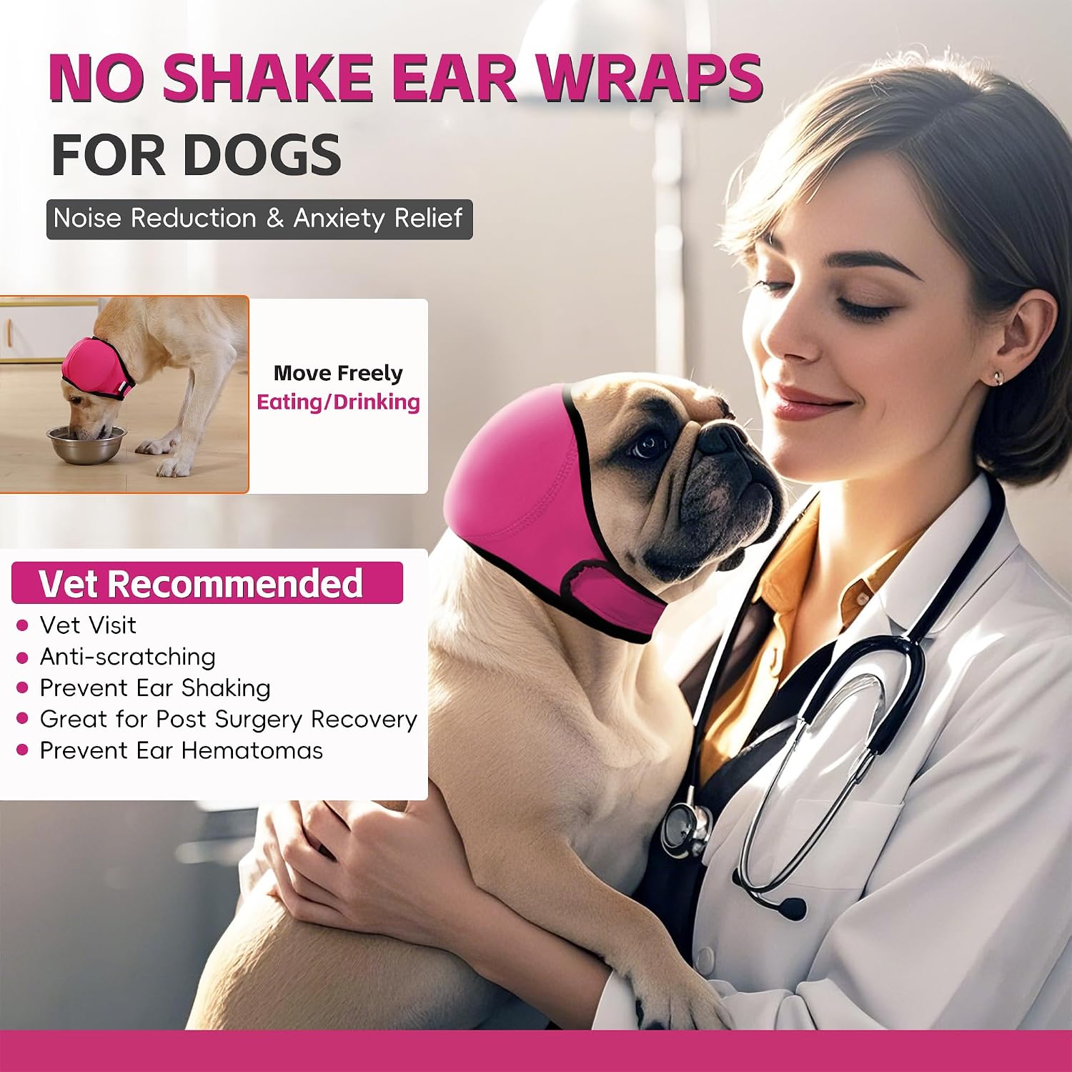 Small pink dog snood headband protecting ears during bath time blow drying