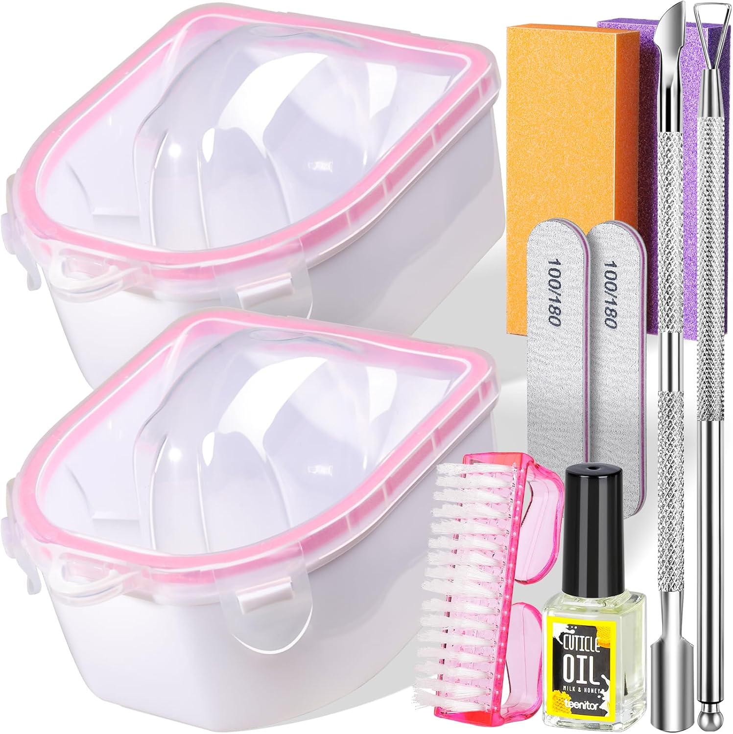 Teenitor Ten Piece Nail Soaking Bowl Kit containing two pink double layered acetone proof manicure bowls and nail files