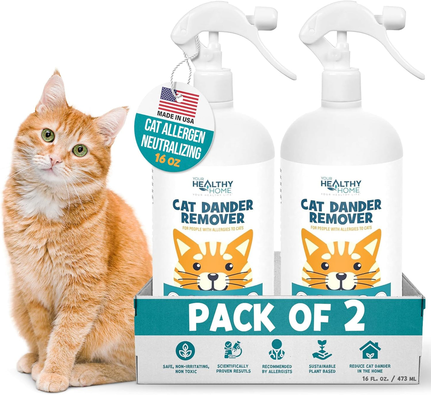 Authentic imported YourHealthyHome cat allergy spray on a neutral background