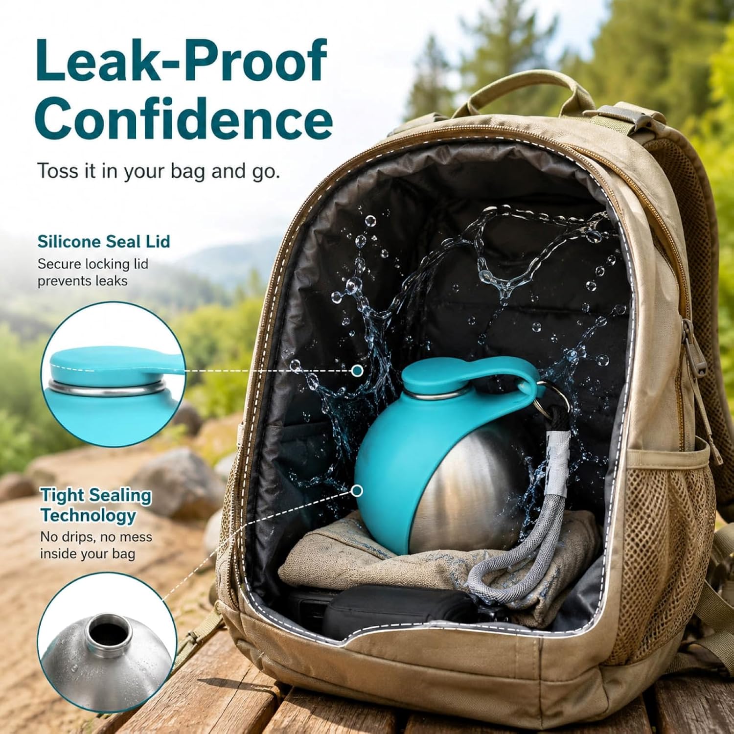 Close-up of the leak-proof cap assembly on the premium steel pet companion bottle.