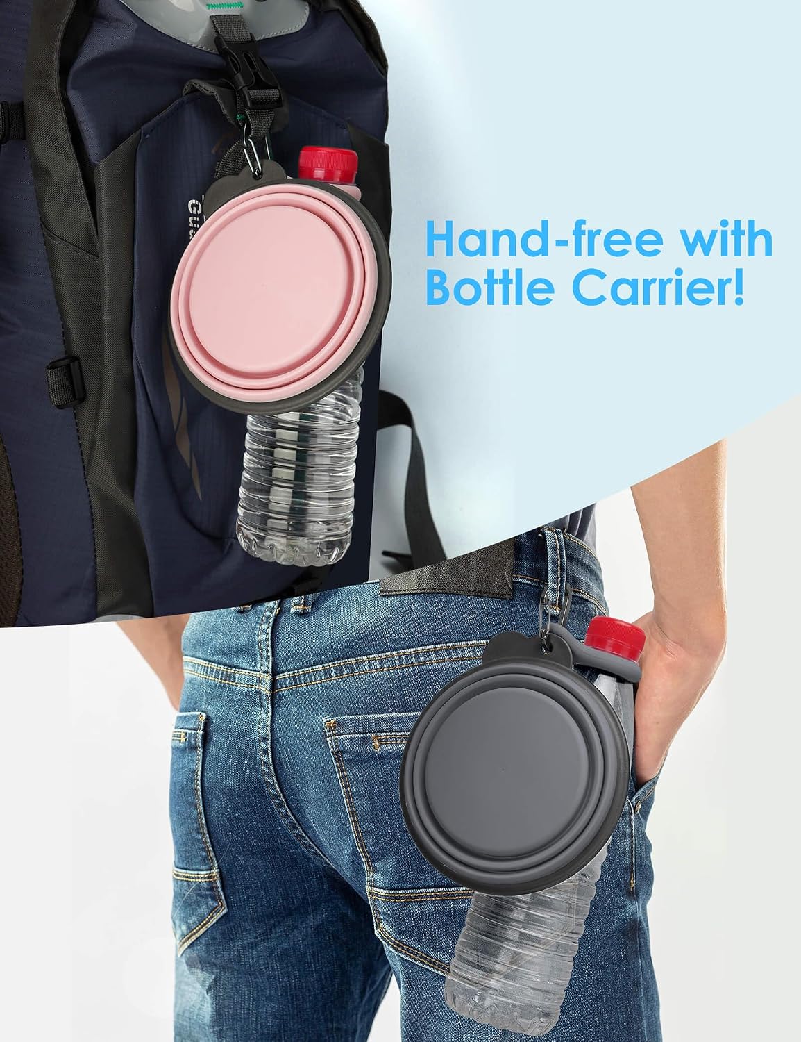 Aonkey collapsible pet feeding bowl with attached bottle carrier loop