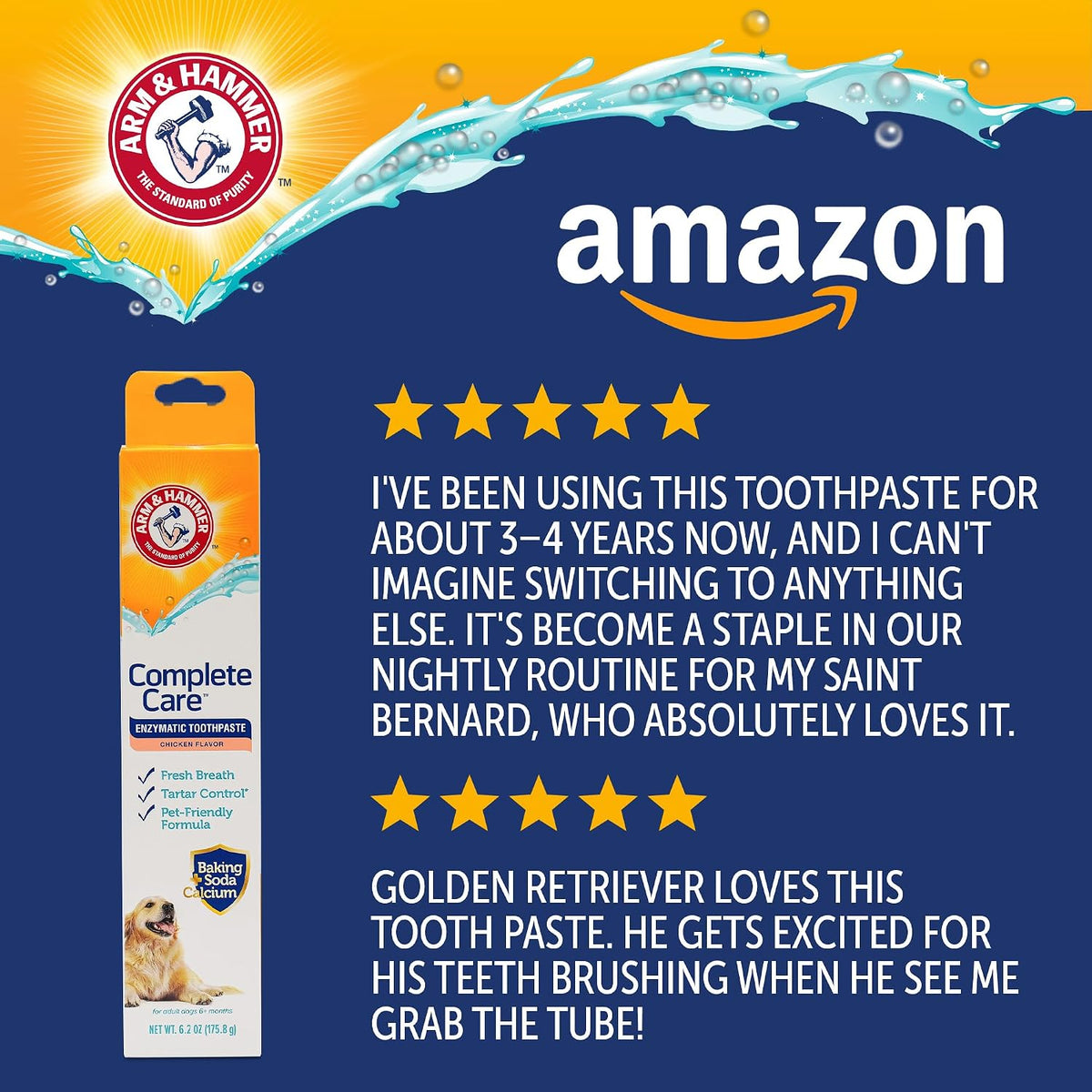 Arm & Hammer Complete Care Enzymatic Dog Toothpaste with Baking Soda and Calcium, Fluoride-Free Chicken Flavor for Plaque, Tartar, and Fresh Breath, 6.2 Oz Value Size - Image 9