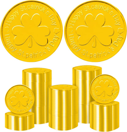 Yoblink gold plastic coins front view showing embossed shamrock design on premium tokens