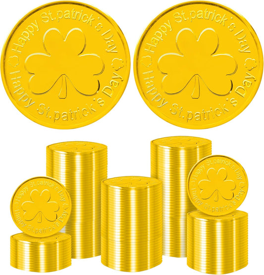 Yoblink gold plastic coins front view showing embossed shamrock design on premium tokens