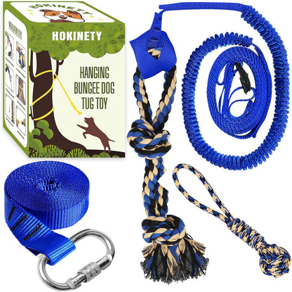 HOKINETY retail packaging details displaying the full interactive dog tree tugger exercise kit contents