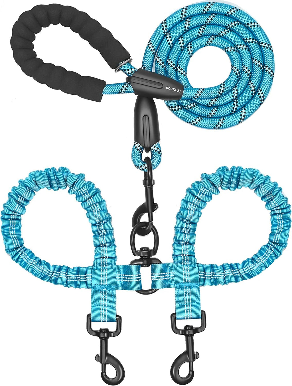 Packaging details of the imported iYoShop double dog leash for medium and large dogs.