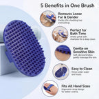 Blue rubber dog bath brush with built-in hand loop handle for non-slip grip during washing.